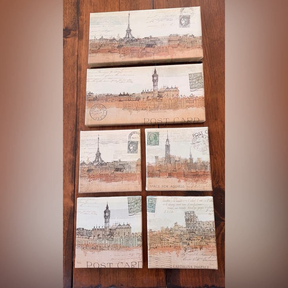 Vintage Postcard Cityscape Canvas Wall Art Set - Neutral Tones
